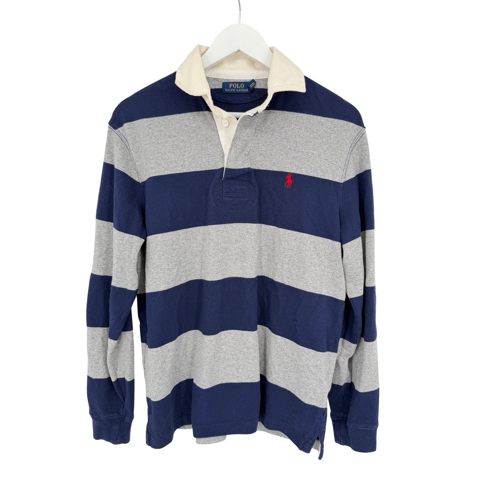 Polo Ralph Lauren Rugby Shirt Mens Small Navy Gray Striped Long Sleeve